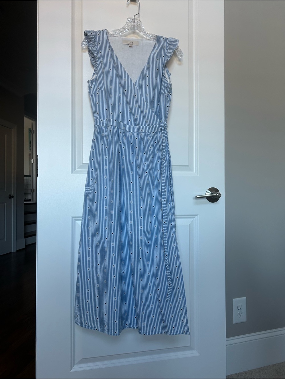 LOFT Light Blue & White Striped Wrap Midi Dress